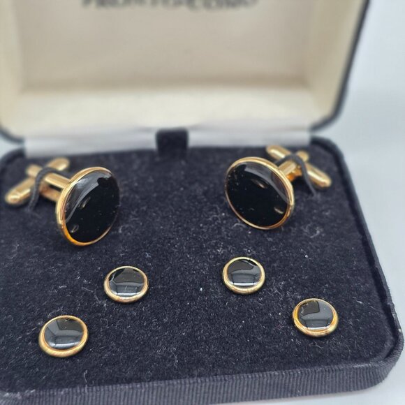 Pronto Uomo Gold & Black Cufflinks & Studs Set In Box - Picture 1 of 5